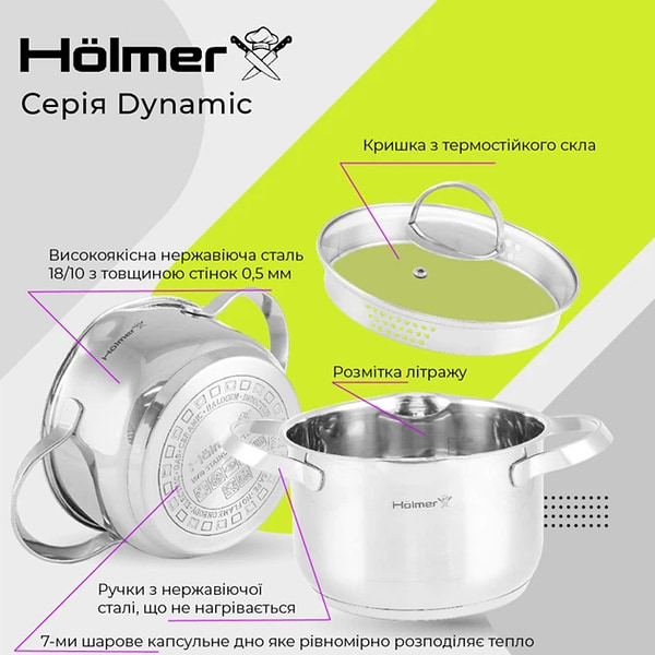 Фото - Набір каструль Holmer Dynamic 6 пр. кастрюля 2 л/2,8 л/3,8 л 3 кришки (CS-5651-SSD)