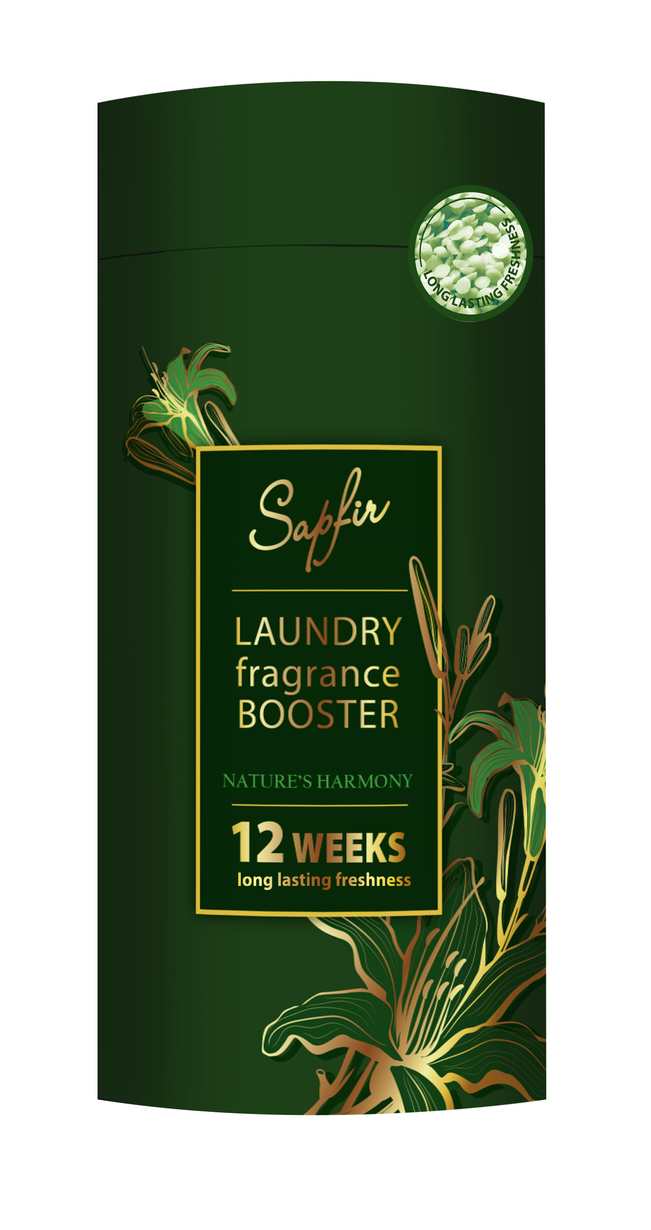 Ополаскиватель для белья SAPFIR GOLD, парфюмированый в гранулах Nature's Harmony,210 г