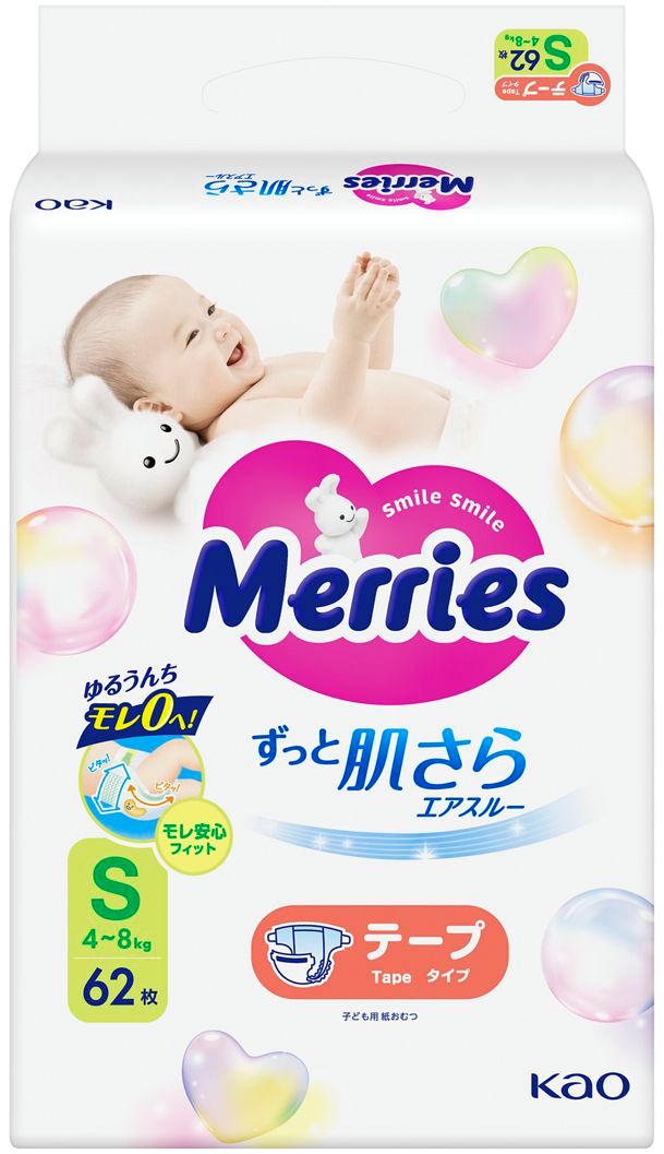 Одноразові підгузки MERRIES Розмір S (4-8 кг), 62 шт. (325063)