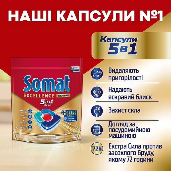 Фото - Таблетка для посудомоечной машины Somat Экселенс 5-в-1, 80 шт.