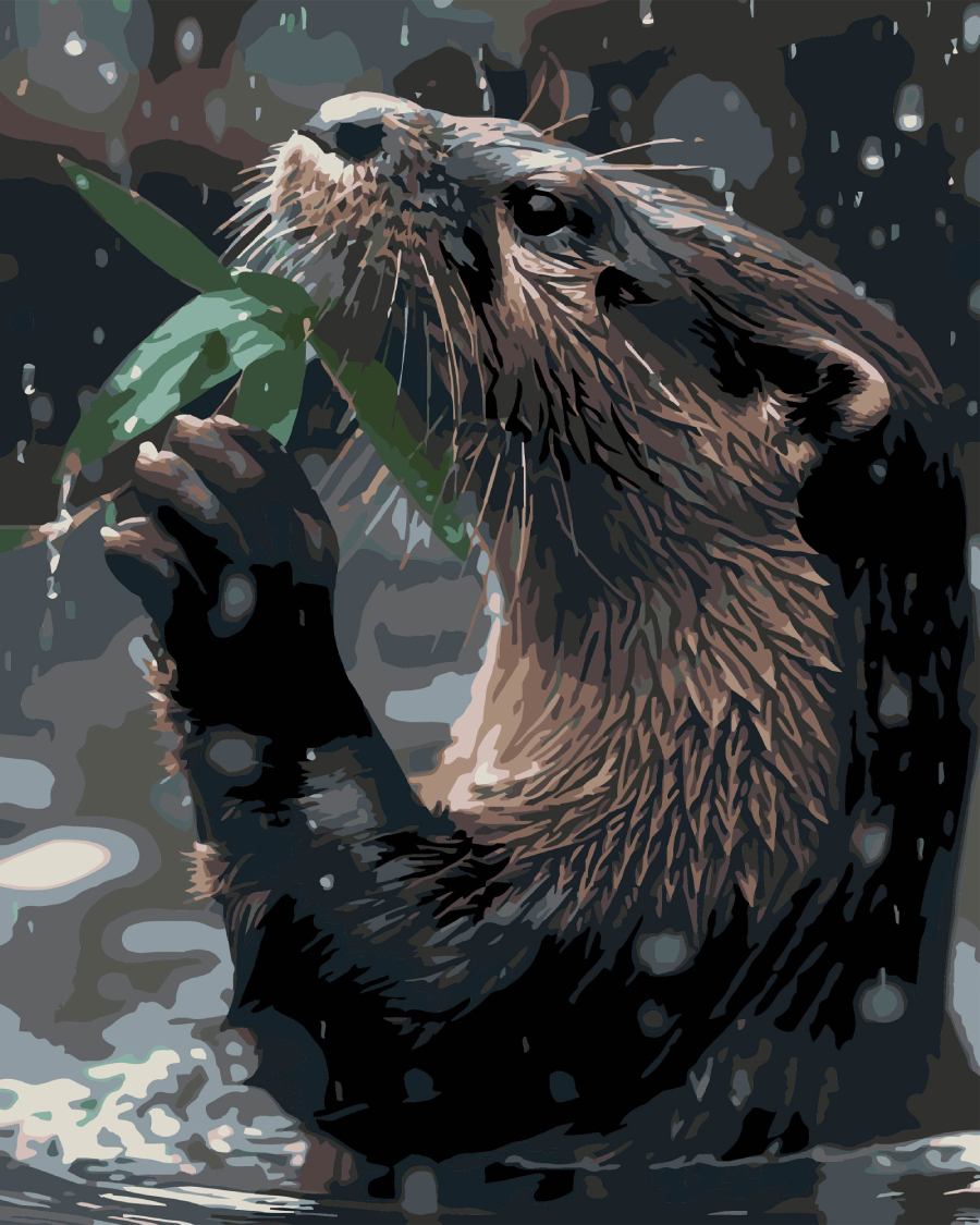 Картина за номерами Strateg Видра з листочком на чорному фоні40х50 (AH1295)