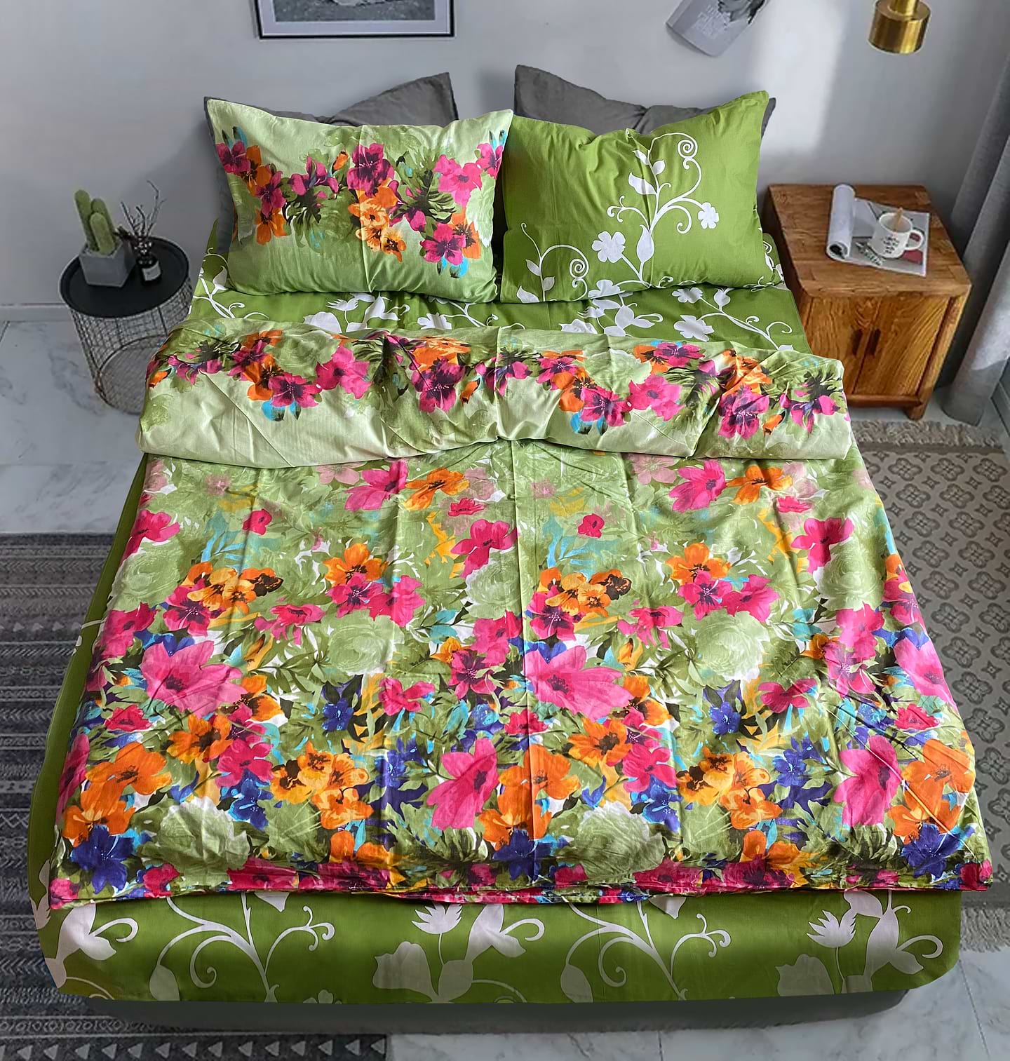 Комплект постельного белья Zastelli 3793 цветы/Curls Green бязь 145х210 (19807) - Фото 1