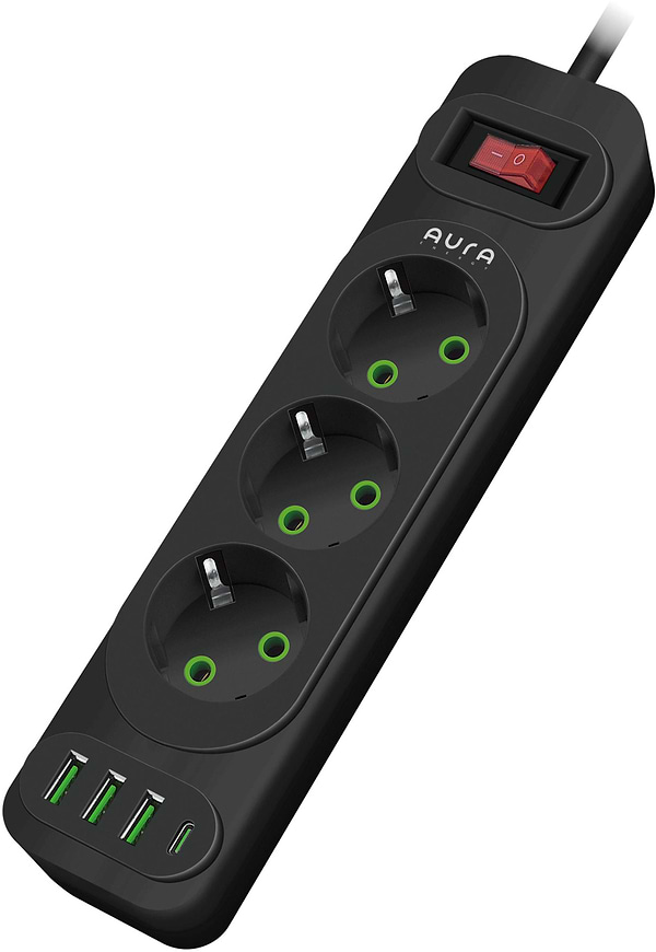Фото - Мережевий фільтр Aura Energy 3+3 USB-A + USB-C (PD) 2M Black (AUEMFP33PD2MB)