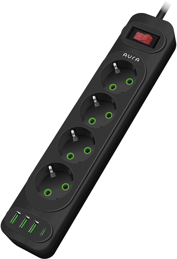 Фото - Сетевой фильтр Aura Energy 4+3 USB-A + USB-C (PD) 2M Black (AUEMFP43PD2MB)
