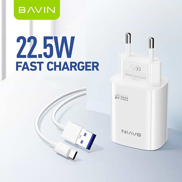 Фото - Мережевий зарядний пристрій Bavin PC995Y 22.5W USB-A Super Quick Charge + кабель USB-A/Type-C White (C-PC995Y-C-W)