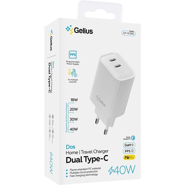 Фото - Мережевий зарядний пристрій Gelius Wall charger Dos 40W GP-HC062 2Type-C White