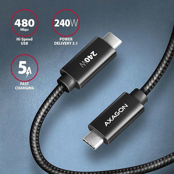 Фото - Кабель синхронизации данных AXAGON USB-C 2.0, 2.5m, PD 240W 5A, Black (BUCM2-CM25AB)
