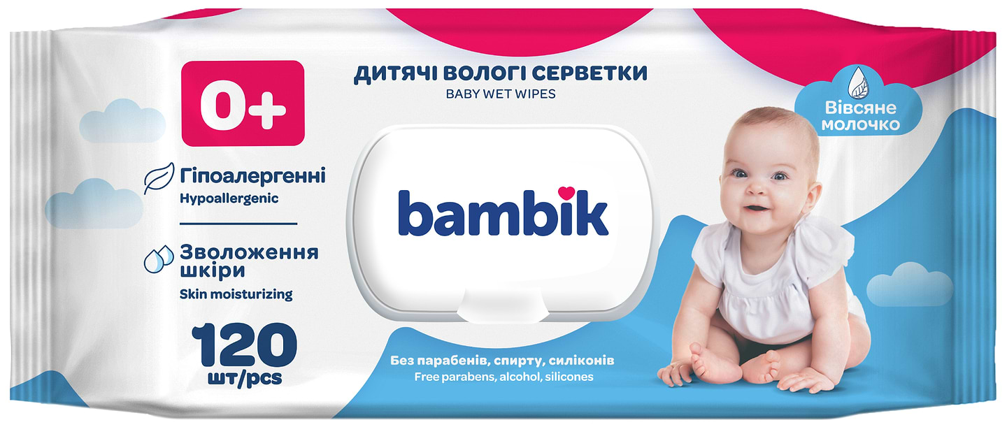 Вологі серветки для немовлят Bambik з вівсяним молочком із клапаном, 120 шт. (43406100)