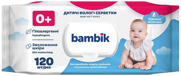 Фото - Вологі серветки для немовлят Bambik з вівсяним молочком із клапаном, 120 шт. (43406100)