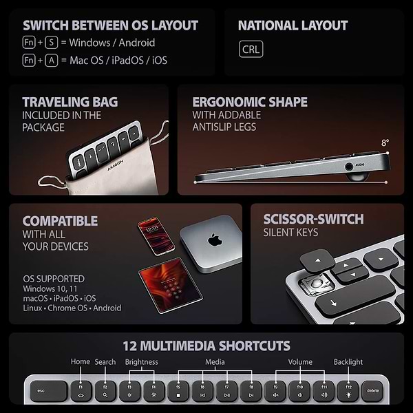 Фото - Клавиатура проводная AXAGON HMC-KB USB-C 5Gbps KEYBOARD 9in1 hub, EN/UA layout, Silver/Black (HMC-KB-CRL)