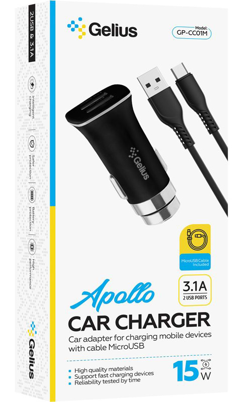 Фото - Автомобільний зарядний пристрій Gelius Pro Apollo GP-CC01 2USB 3.1A 15W + Cable MicroUSB Black (92663)