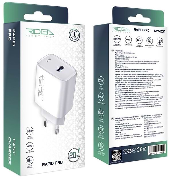 Фото - Мережевий зарядний пристрій Ridea Rapid Pro 1USB-C QC/PD 20W White (RW-20120)