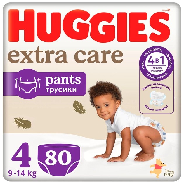 Одноразові підгузки-трусики Huggies Extra Care Pозмір 4 (9-14 кг), 80 шт. (5029053582405) - Фото 1