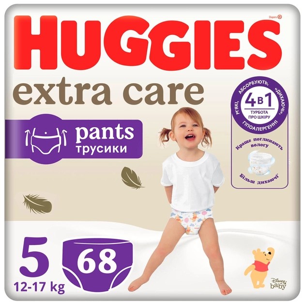 Одноразові підгузки-трусики Huggies Extra Care Pозмір 5 (12-17кг), 68 шт. (5029053582412) - Фото 1