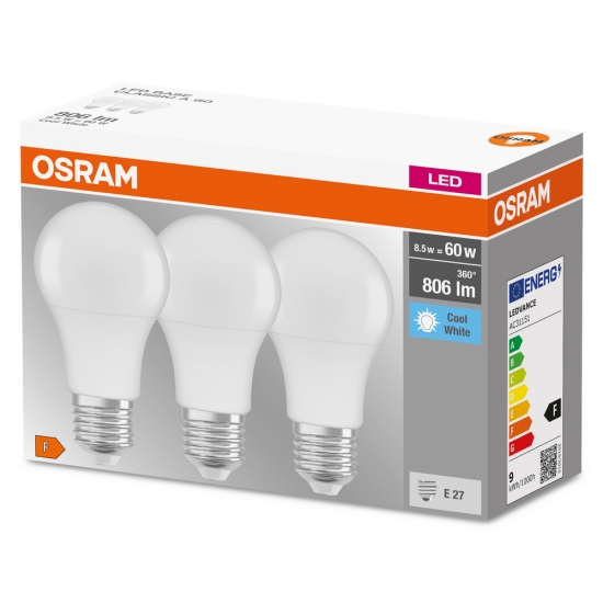 Лампочка светодиодная Osram LED E27 8.5Вт 4000К 806Лм A60 3 шт. (4058075127531) - Фото 1