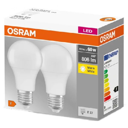 Лампочка світлодіодна Osram LED E27 8.5Вт 2700К 806Лм A60 2 шт. (4058075152656)