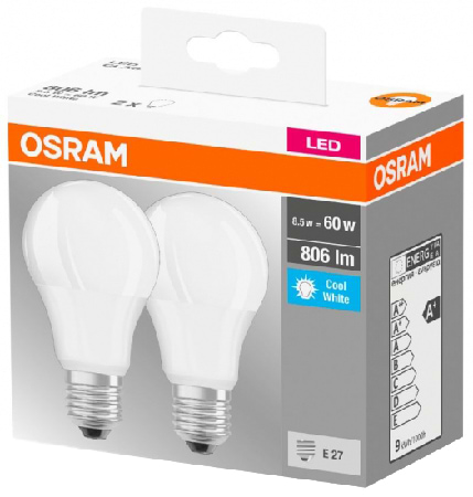 Лампочка світлодіодна Osram LED E27 8.5Вт 4000К 806Лм A60 2 шт. (4058075152670)