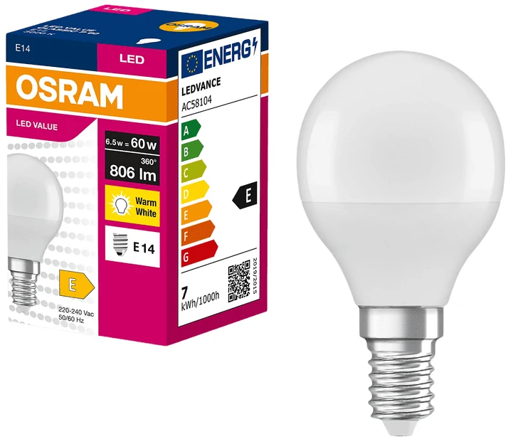 Лампочка светодиодная Osram LED E27 6.5Вт 3000K 806Лм P60 (4058075630390)