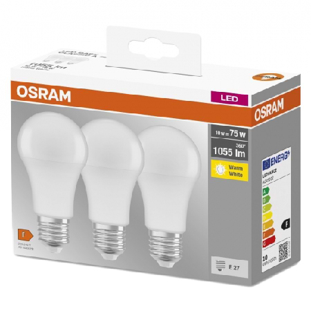 Лампочка светодиодная Osram LED E27 10Вт 2700К 1055Лм A60 3 шт. (4058075819436) - Фото 1