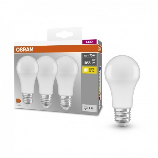 Фото - Лампочка светодиодная Osram LED E27 10Вт 2700К 1055Лм A60 3 шт. (4058075819436)