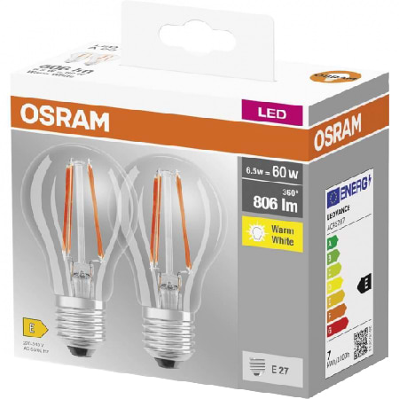 Фото - Лампочка світлодіодна Osram LED E27 6.5Вт 2700К 806Лм A60 2 шт. (4099854064098)