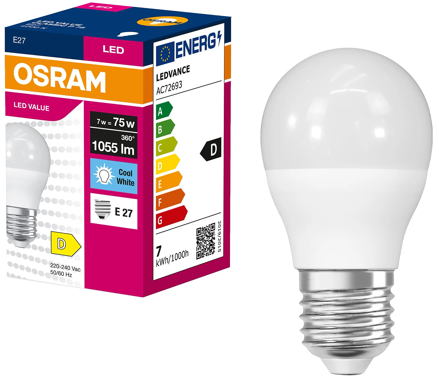 Лампочка светодиодная Osram LED VALUE CLASSIC P E27 7Вт 4000K 1055Лм (4099854546907)