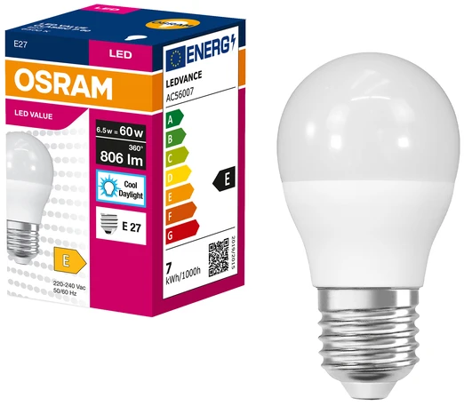 Лампочка светодиодная Osram LED VALUE CLASSIC P E27 6.5Вт 6500K 806Лм (4099854547454)