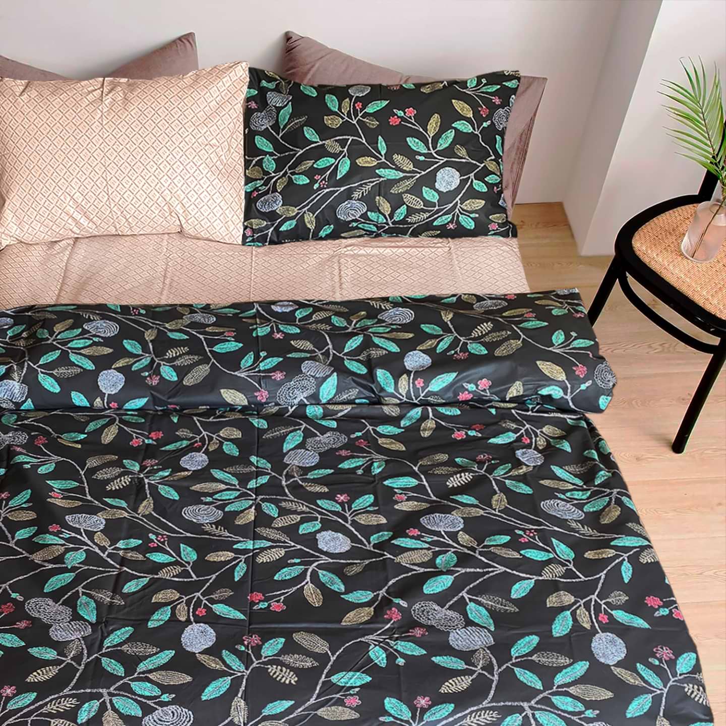 Комплект постельного белья Zastelli 593-792 Зеленые листья и орнамент 200х220 см разноцветный