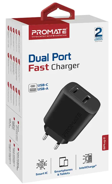 Фото - Мережевий зарядний пристрій Promate Biplug-2.Black