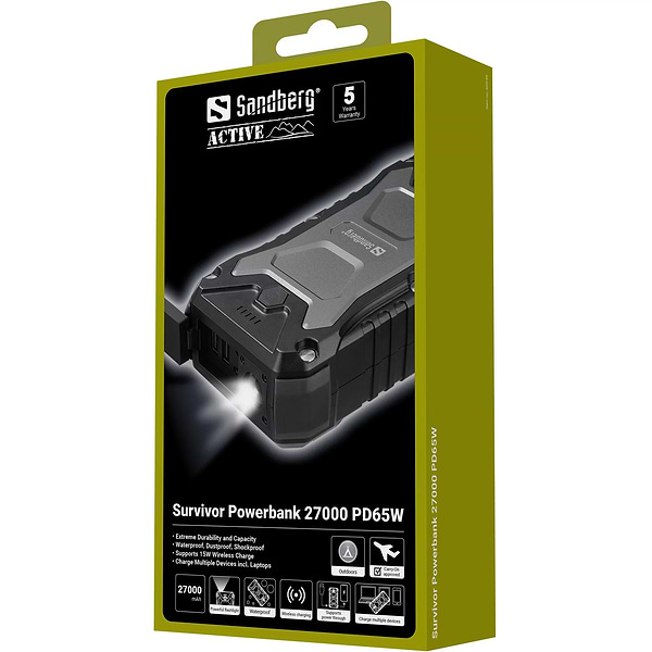 Фото - Батарея мобільна Sandberg Survivor 27000mAh PD65W, IP67,LED Torch,2xUSB-А 18W,USB-С 65W,QI-15W (420-99)