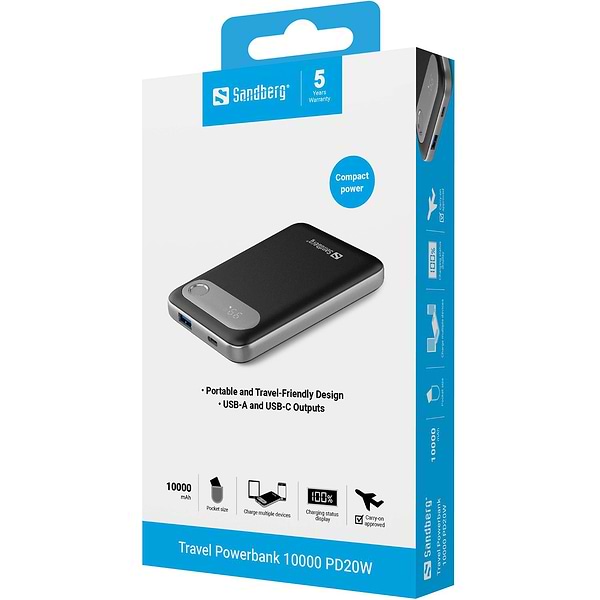 Фото - Батарея мобильная Sandberg Travel 10000mAh 20W 4,5A  PD,QC3.0,USB-A,USB-C, LED Gray (421-16)