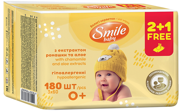 Фото - Влажные салфетки для грудничков Smile Baby Мультипак Экстракт ромашки и алоэ 2 + 1, 60 шт.  (42113803)