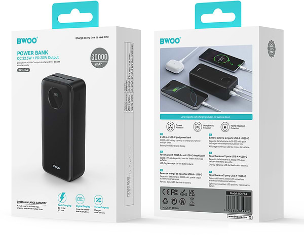 Фото - Батарея мобільна BWOO 22,5W 30000 mAh power bank with LCD screen, black\white (BO-P64)