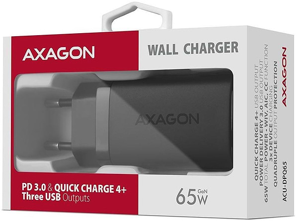 Фото - Мережевий зарядний пристрій AXAGON 3x port (USB + dual USB-C), PD3.0/QC4+/PPS/Apple, 65W Black (ACU-DPQ65)