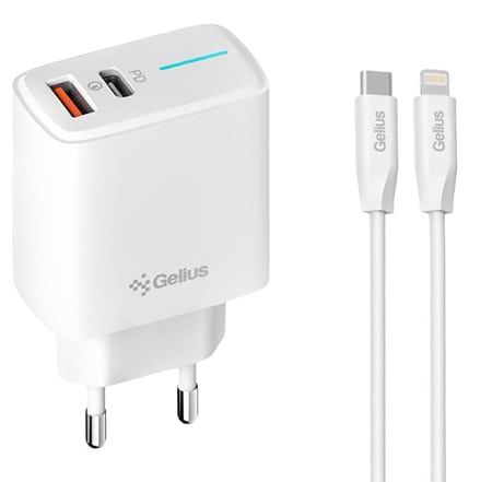 Мережевий зарядний пристрій Gelius Radiance GP-HC058 1Type-C + 1USB-A PD/QC3.0/PPS/Super VOOC 25 W + кабель Gelius One Type-C to Lightning White (101248) - Фото 1