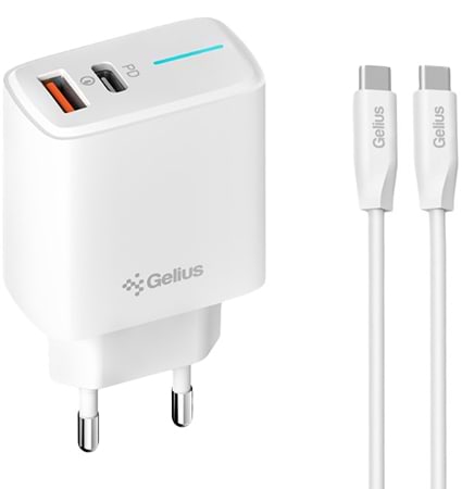 Сетевое зарядное устройство Gelius Radiance GP-HC058 1Type-C + 1USB-A PD/QC3.0/PPS/Super VOOC 25 W + кабель Gelius One Type-C to Type-C White (101222)