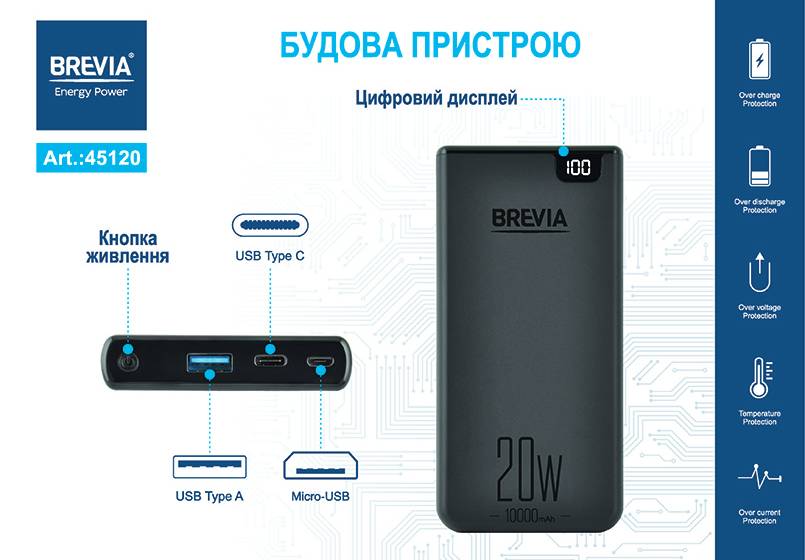Фото - Батарея мобильная Brevia 10000mAh 20W (45120)