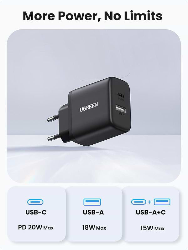 Фото - Мережевий зарядний пристрій UGREEN X227 USB-A+USB-C 20W PD Fast Charger Black (45302)