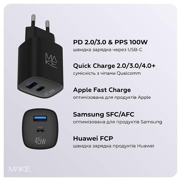 Фото - Сетевое зарядное устройство MAKE 45W GaN PD + QC3.0 Black (MCW-4521GBK)