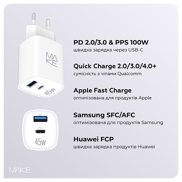 Фото - Сетевое зарядное устройство MAKE 45W GaN PD + QC3.0 White (MCW-4521GWH)