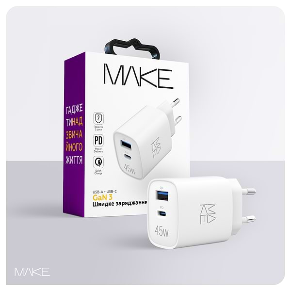 Фото - Сетевое зарядное устройство MAKE 45W GaN PD + QC3.0 White (MCW-4521GWH)