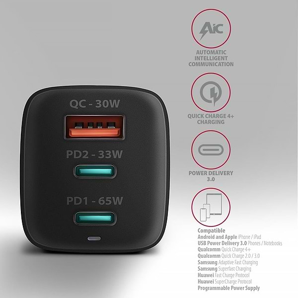 Фото - Мережевий зарядний пристрій AXAGON 3x port (USB + dual USB-C), PD3.0/QC4+/PPS/Apple, 65W Black (ACU-DPQ65)