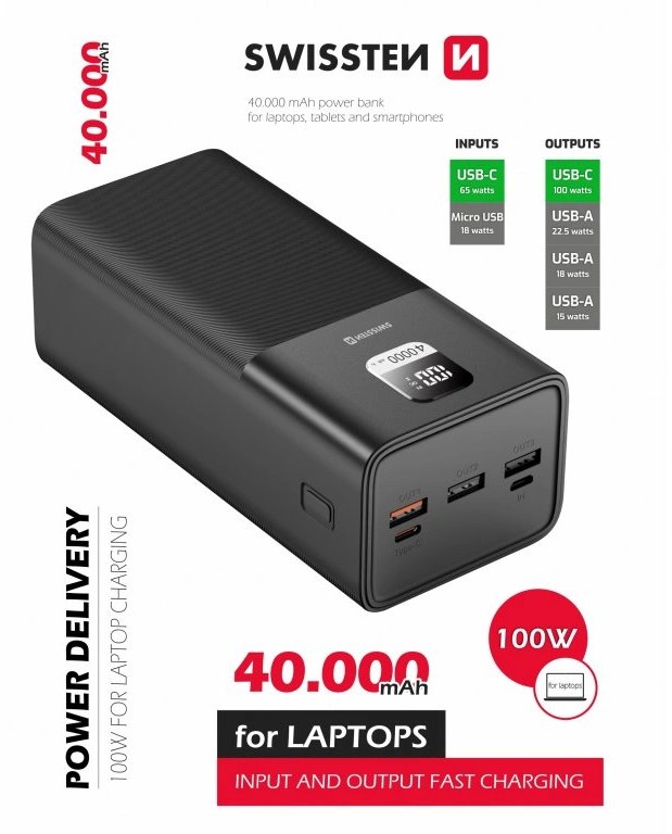 Фото - Батарея мобильная Swissten Power Bank For Laptop 40000 mAh 100W PD Black (8595217481275)