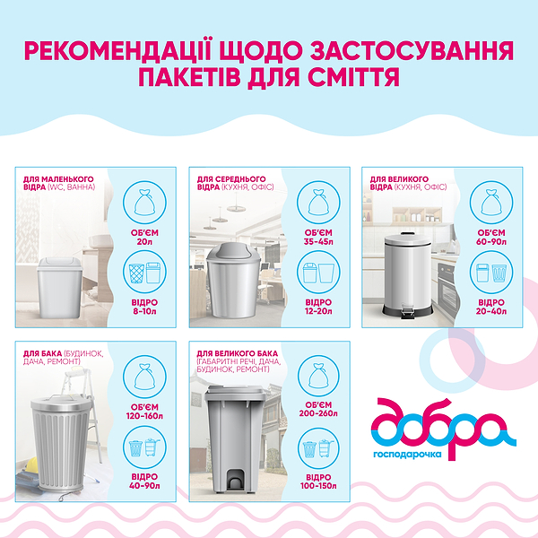 Фото - Пакет для сміття Добра господарочка колекція Вибійка з затяжками 60 л 10 шт Біло-фіолетові (4820086524063)