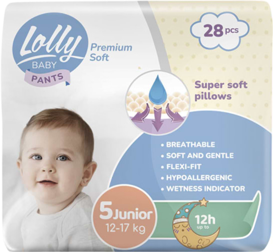 Одноразовые подгузники-трусики Lolly Premium Soft Размер 5 (12-17 кг.), 28 шт. (4820174981006) - Фото 1