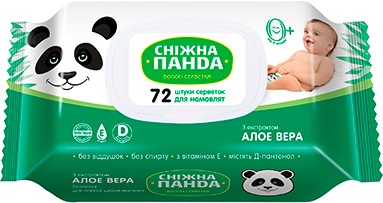 Вологі серветки для немовлят Сніжна панда для немовлят Алое без аромату, 72 шт. (4820183970442) - Фото 1