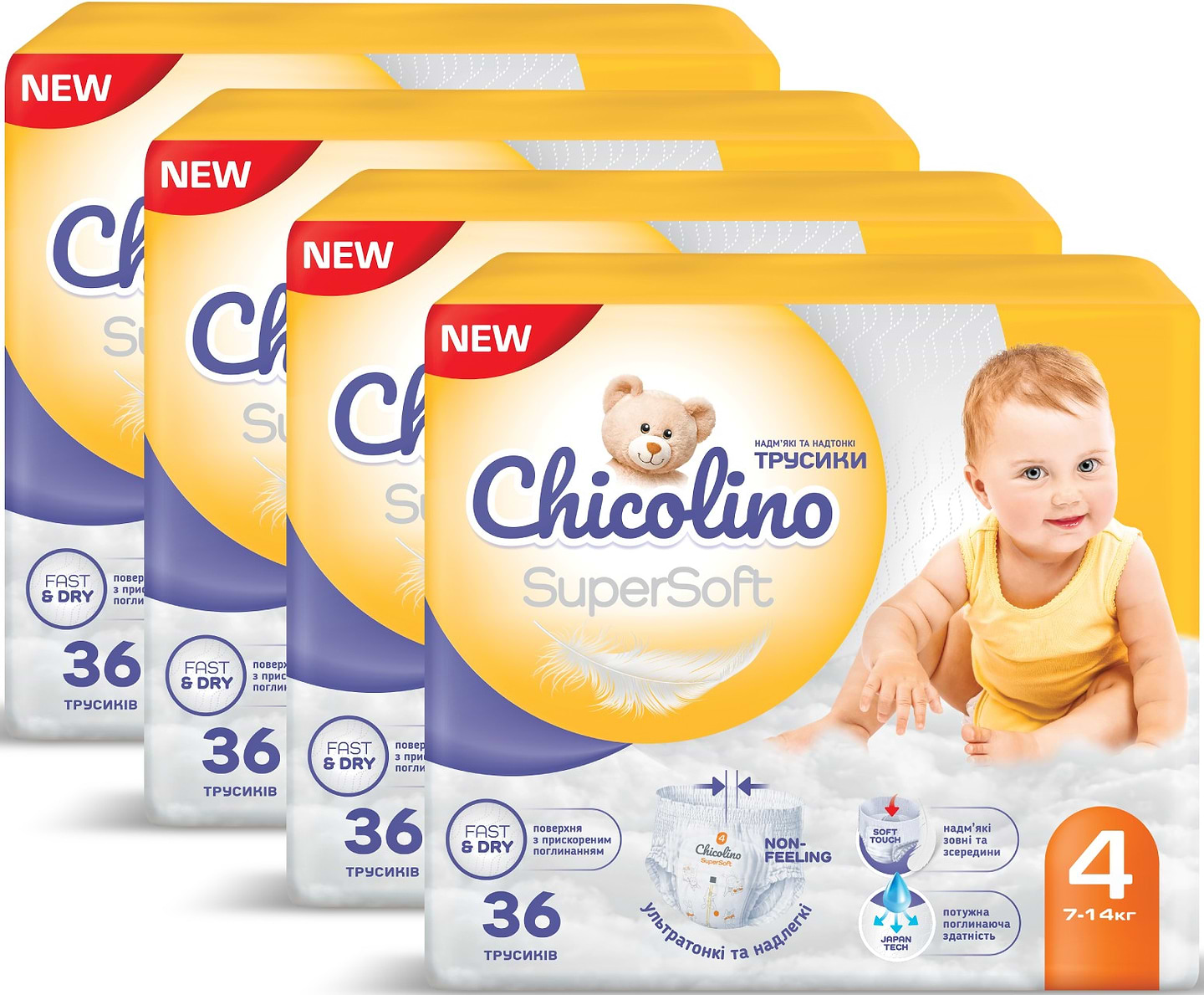 Одноразовые подгузники-трусики Chicolino Набор Super Soft Размер 4, 144 шт. (4*36 шт) (NPT4.650)