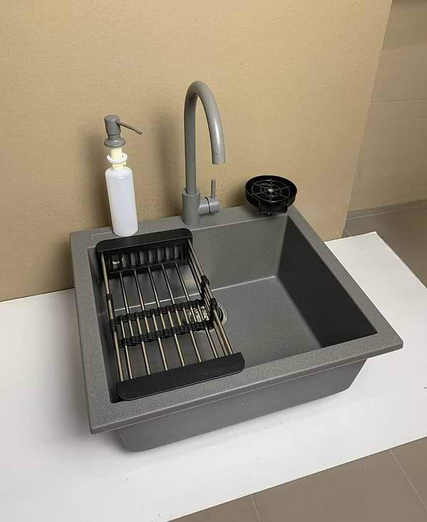 Фото - Мойка кухонная+смеситель+дозатор Adamant Univer серый + ополаскиватель стаканов + колландер (4824296106604)