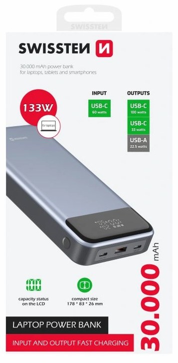 Фото - Батарея мобильная Swissten Power Bank For Laptop 30000 mAh 133W PD Grey (8595217484016)