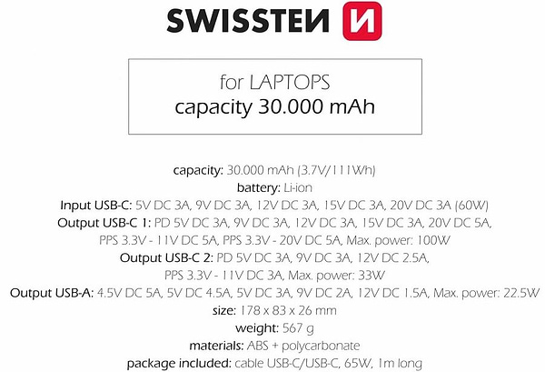 Фото - Батарея мобильная Swissten Power Bank For Laptop 30000 mAh 133W PD Grey (8595217484016)